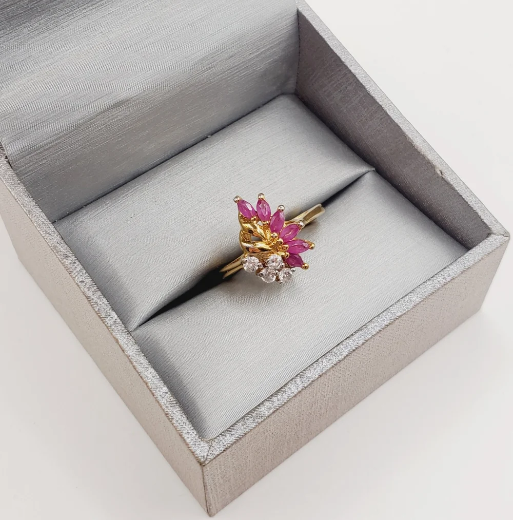 Genuine Marquise Pink Ruby - Simulated Diamonds - 18k Yellow Gold Plated Ring